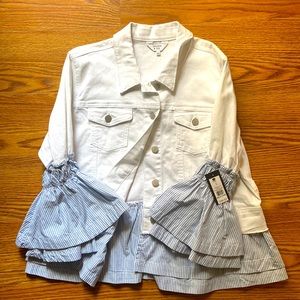 Crown and Ivy button up Jean jacket with ruffle sleeves and shirt bottom